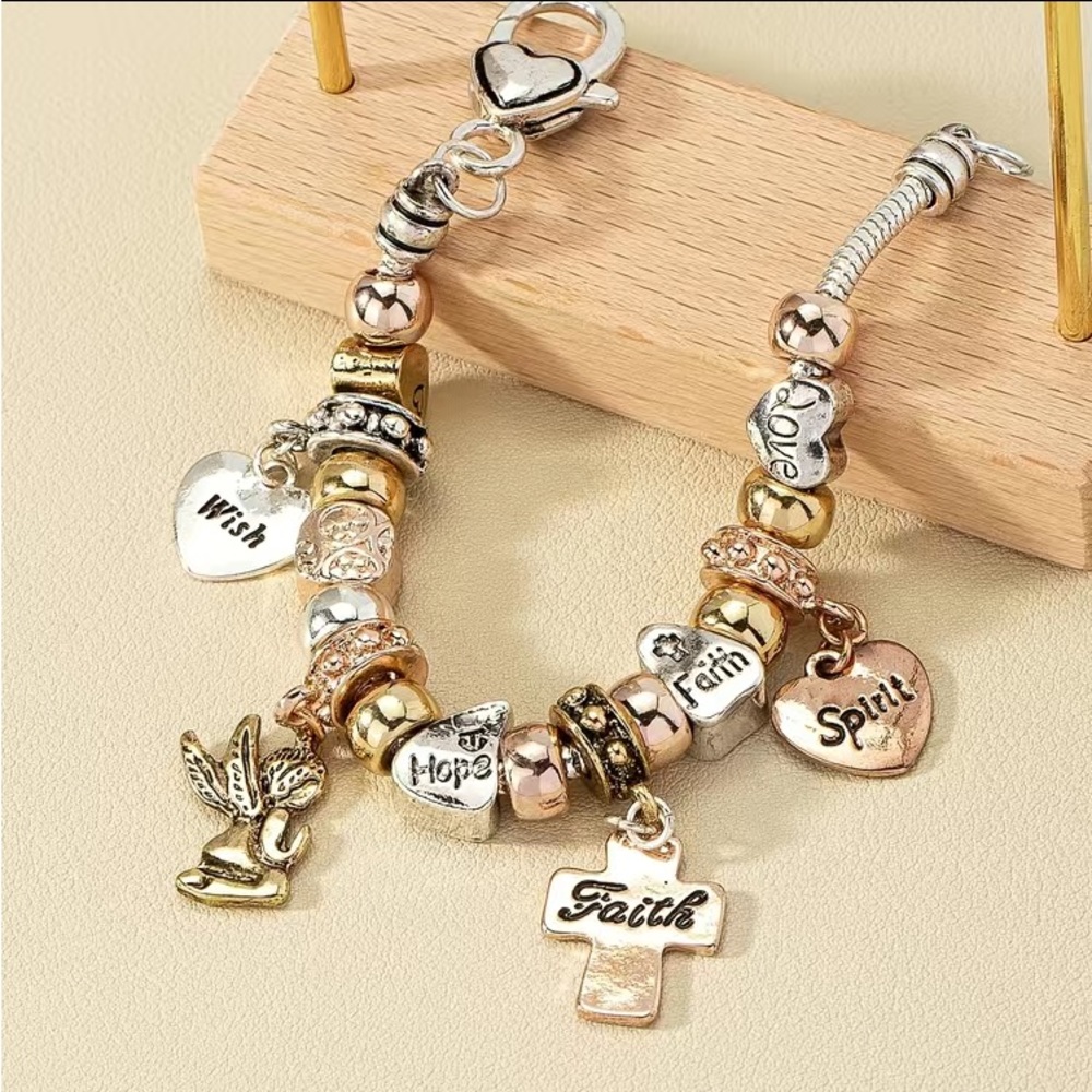 NEW Snake Chain Beaded Bracelet Cross & Love Heart Charms Attached Randomly